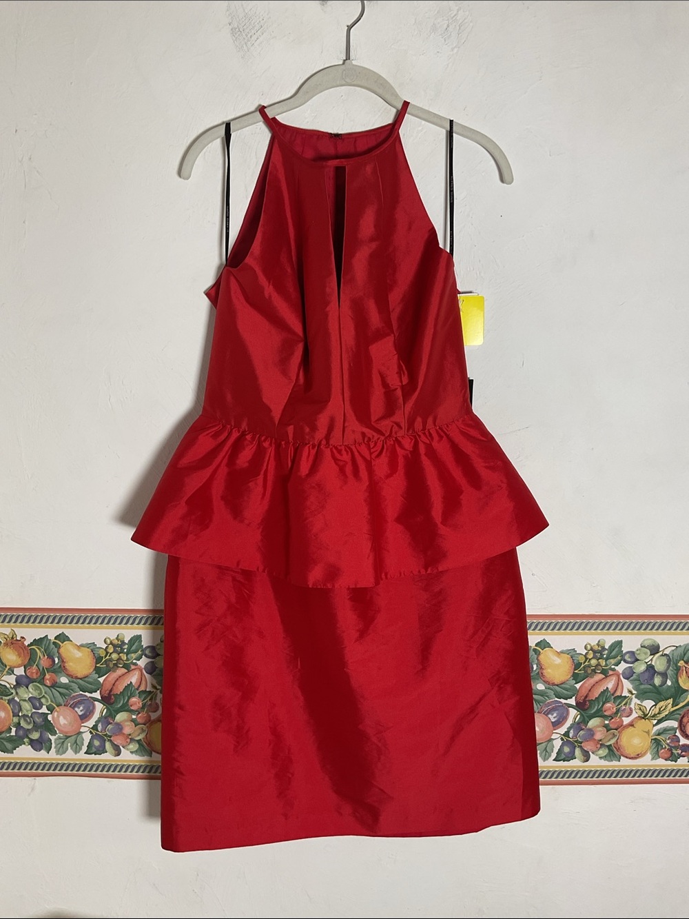 ALFRED SUNG Red Peau De Soie Peplum High Neck Cocktail Dress Size 12 NWT